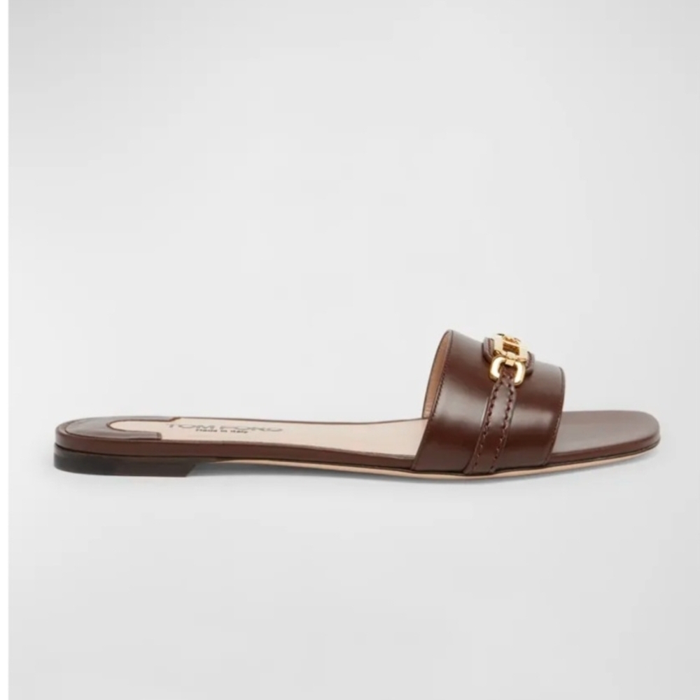 Tom Ford Brown Leather Slide Mules with Gold Hardware